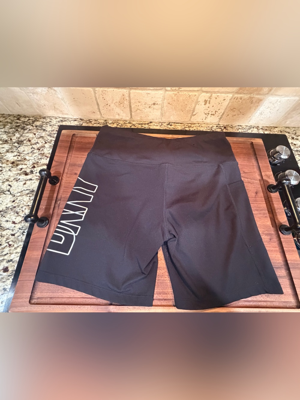 DKNY Women’s High Rise 7” Bike Shorts w/ Graphic Logo - Black - Size Large